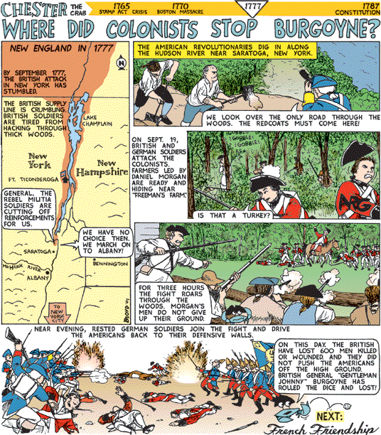 Where did American colonists stop British General Burgoyne in the Battle of Saratoga?